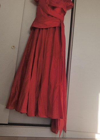 Kırmızı Uzun Drapeli Kadın Abiye Elbise - Görsel 14