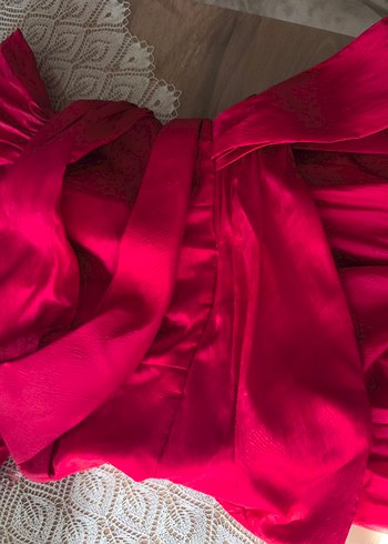 Kırmızı Uzun Drapeli Kadın Abiye Elbise - Görsel 3