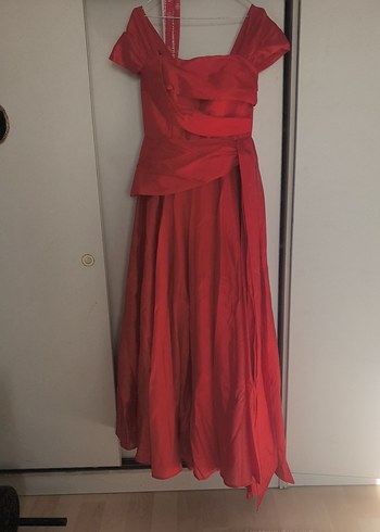 Kırmızı Uzun Drapeli Kadın Abiye Elbise - Görsel 13