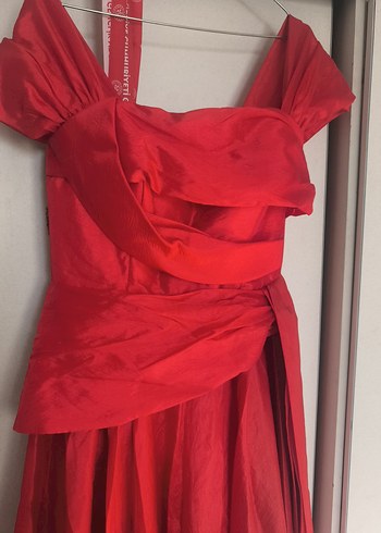 Kırmızı Uzun Drapeli Kadın Abiye Elbise - Görsel 16