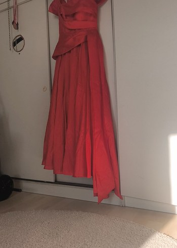 Kırmızı Uzun Drapeli Kadın Abiye Elbise - Görsel 15