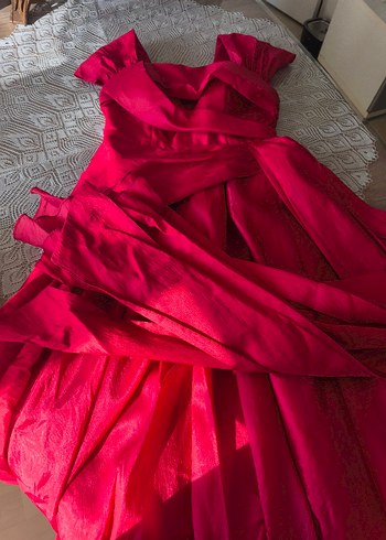 Kırmızı Uzun Drapeli Kadın Abiye Elbise - Görsel 8