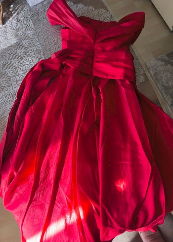 Kırmızı Uzun Drapeli Kadın Abiye Elbise - Görsel 5