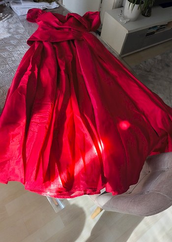 Kırmızı Uzun Drapeli Kadın Abiye Elbise - Görsel 10