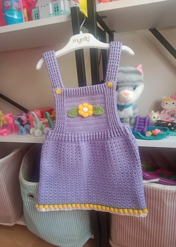 Mor Örme Kız Çocuk Elbisesi Çiçek Detaylı