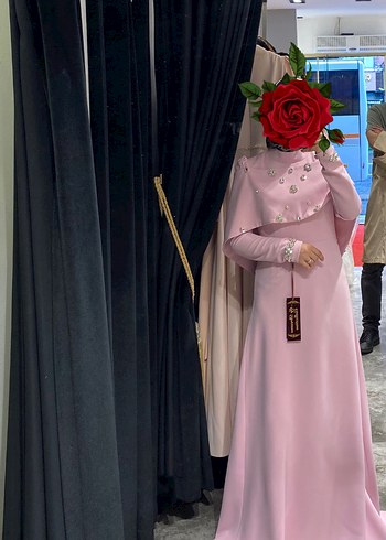 Abiye Uzun Kollu Pembe Drapeli Dantelli Tesettür Abiye