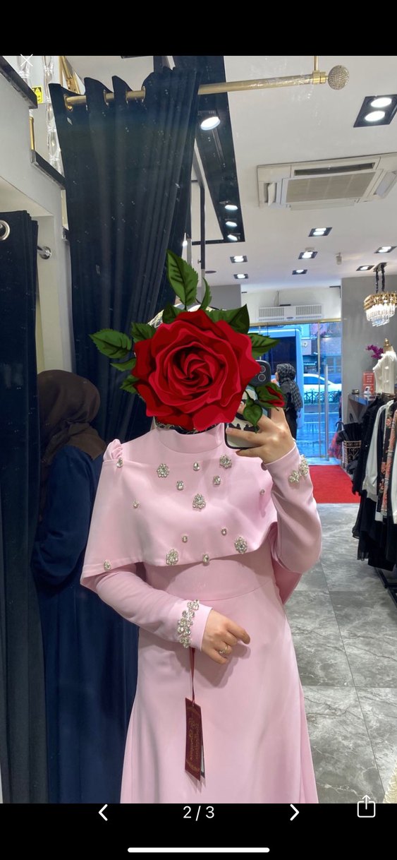 Pembe İşlemeli Yüksek Yakalı Uzun Abiye Elbise - Görsel 3