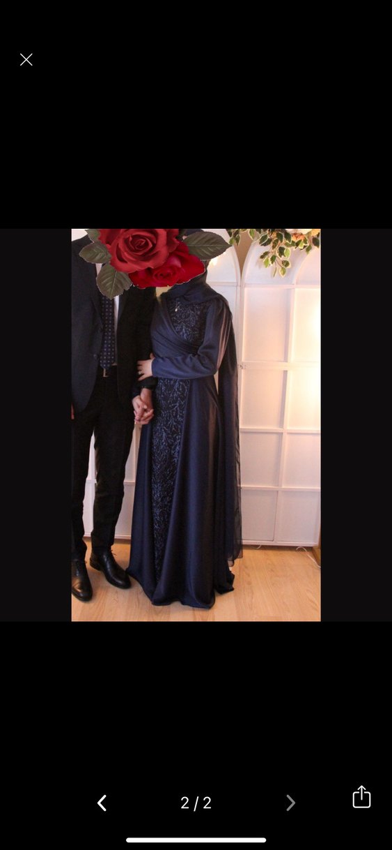 Nakışlı Lacivert Uzun Kollu Abiye Elbise - Görsel 2