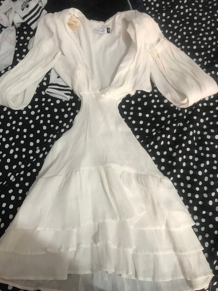 Bohem Beyaz Mini Elbise Drapeli V Yaka - Görsel 3