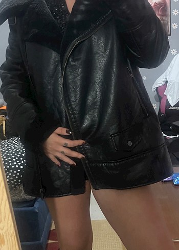 Kürklü Siyah Deri Kadın Ceket - Görsel 2