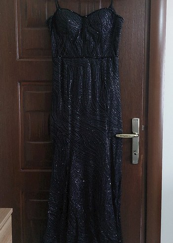 Boncuk İşlemeli Siyah Uzun Abiye Elbise - Görsel 2