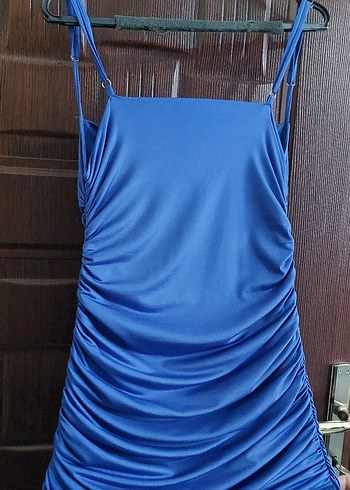 Sade Drapeli Mavi Midi Abiye Elbise - Görsel 2