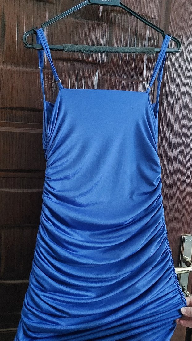 Sade Drapeli Mavi Midi Abiye Elbise - Görsel 2