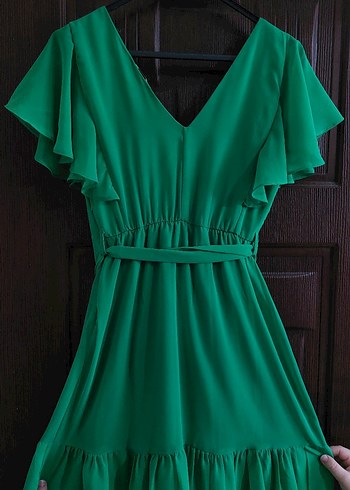 Yeşil V Yakalı Drapeli Midi Elbise - Görsel 3