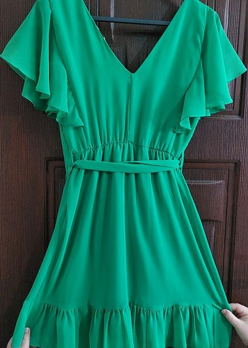 Yeşil V Yakalı Drapeli Midi Elbise - Görsel 2