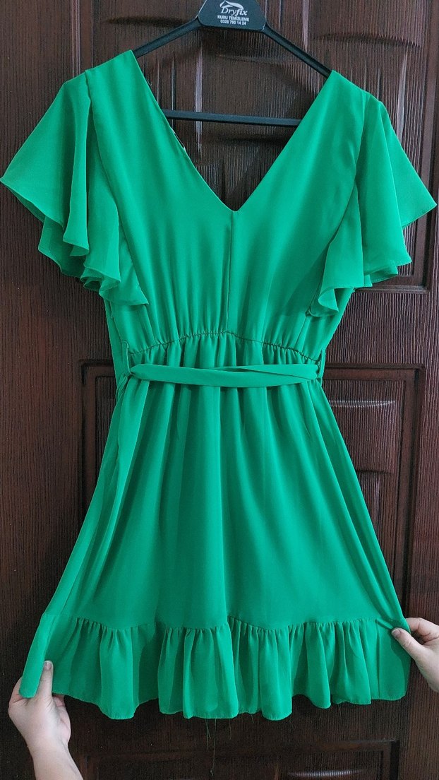 Yeşil V Yakalı Drapeli Midi Elbise - Görsel 2