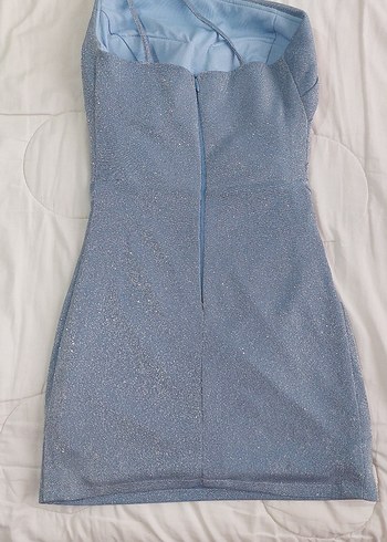 Straplez Drapeli Mavi simli mini Abiye Elbise mezuniyet - Görsel 2