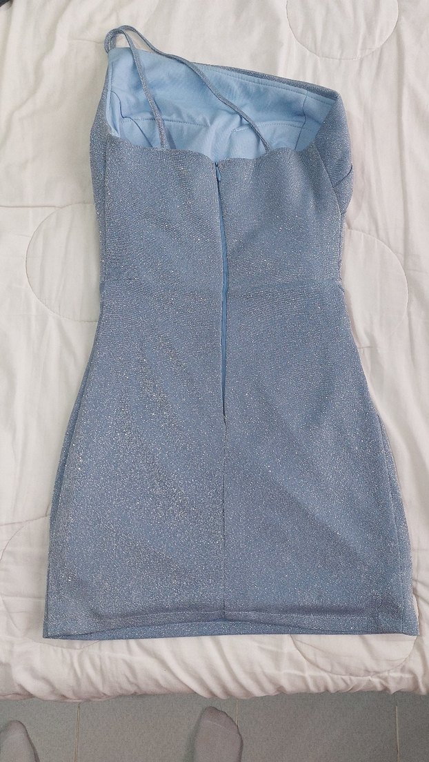 Straplez Drapeli Mavi simli mini Abiye Elbise mezuniyet - Görsel 2