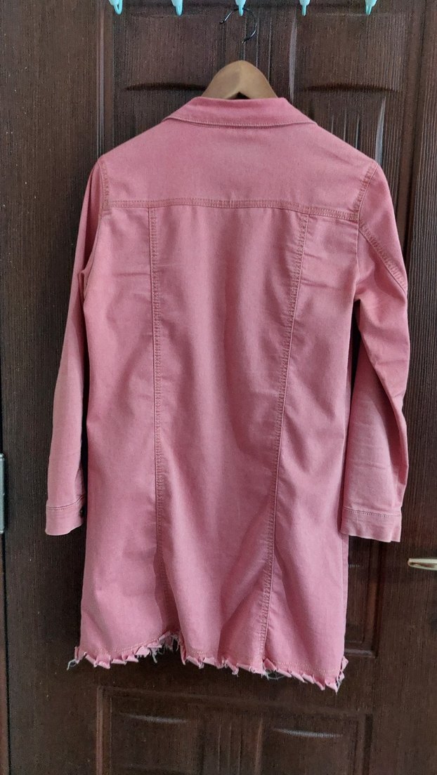 Pembe Düğmeli Uzun Kadın Ceket - Görsel 2