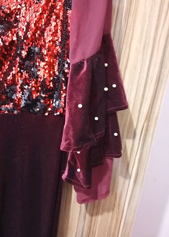 Bordo Uzun Kollu Drapeli Abiye Elbise - Görsel 2