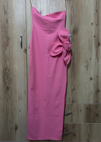 xs Beden pembe Renk Pembe Midi Straplez Drapeli Kadın Elbise