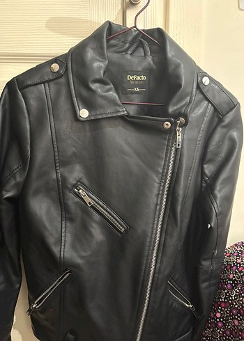 Defacto Siyah Deri Biker Ceket Genis Kalip