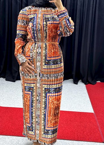 Uzun Kol, Yüksek Yaka Çok Renkli Salaş Elbise - Görsel 2