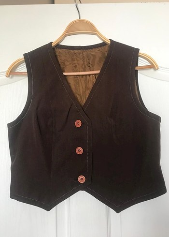 s Beden Düğmeli Kahverengi Vintage Süet Kadın Yelek