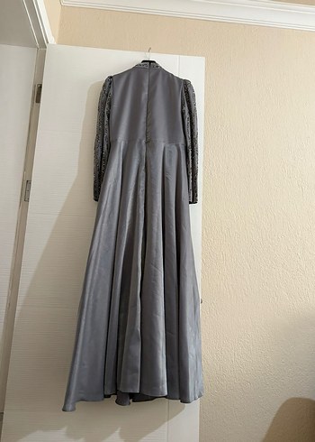 44 Beden gri Renk Uzun Kollu Gri Drapeli Vintage Abiye Elbise