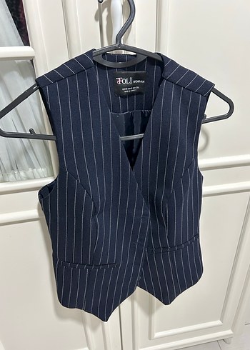 Düğmeli Çizgili Lacivert Kadın Yelek - Görsel 3