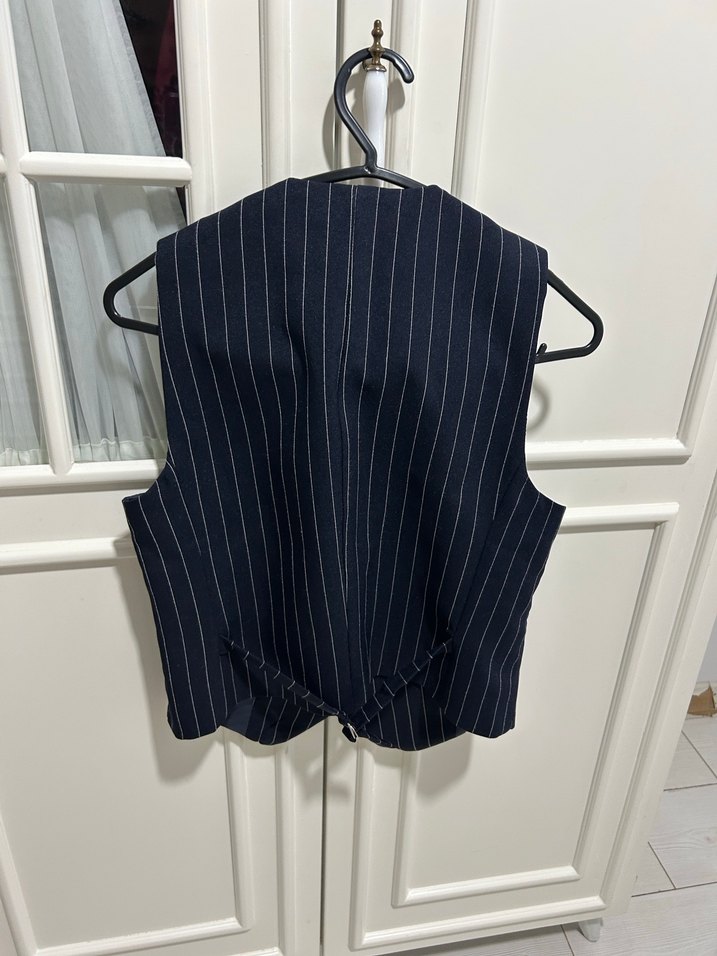 Düğmeli Çizgili Lacivert Kadın Yelek - Görsel 2