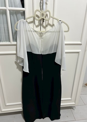 Beyaz Siyah Drapeli Midi Abiye Elbise - Görsel 3