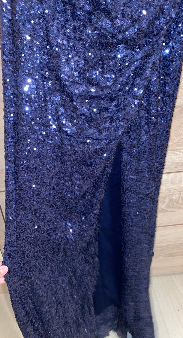 Lacivert Parlak V Yaka Uzun Abiye Elbise - Görsel 2