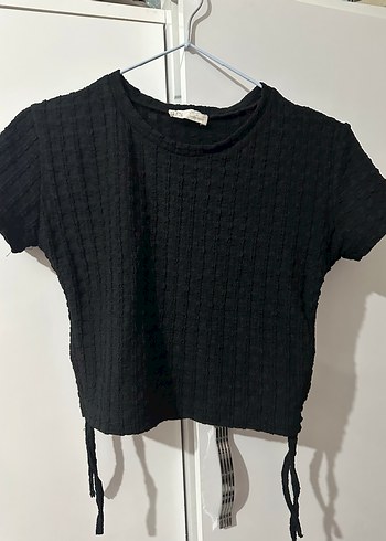 Siyah Örgü Kısa Kollu Crop Top