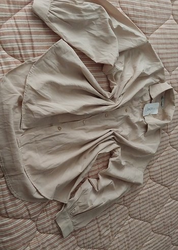 l Beden camel Renk Bej Keten Düğmeli Oversize Kadın Gömlek