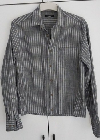 Gri Çizgili Uzun Kollu Erkek Keten Gömlek - Görsel 5