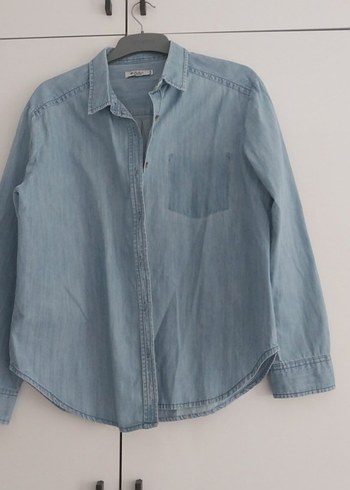 Kadın Mavi Denim Gömlek, Düğmeli, Uzun Kollu