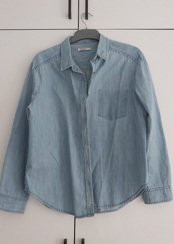 m Beden Kadın Mavi Denim Gömlek, Düğmeli, Uzun Kollu