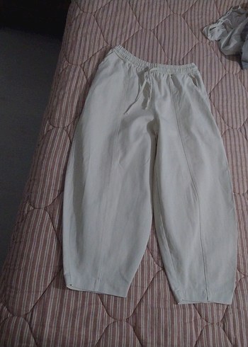 Zara Beyaz Keten Rahat Kesim Kadın Pantolon