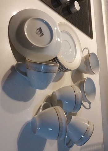 Güral Porselen Beyaz ve Gri Detaylı 6'lı Çay Fincanı ve Tabağı Seti
