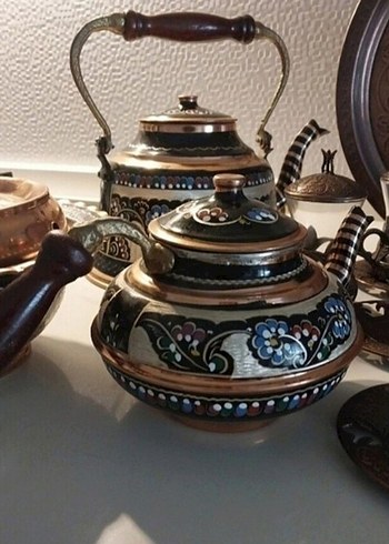 American Vintage Kahverengi İşlemeli Bakır Çay Seti