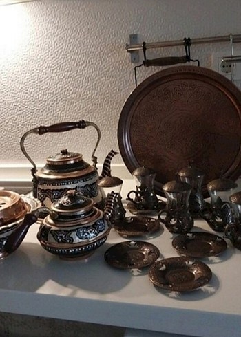 Beden kahverengi Renk Kahverengi İşlemeli Bakır Çay Seti