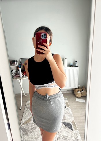 s Beden gri Renk Gri Spor Mini Etek ve siyah crop