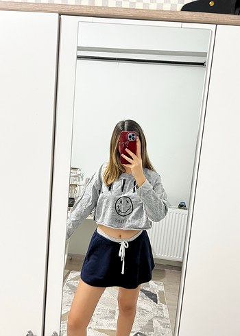 s Beden Gri Beli Bağcıklı Rahat Mini Etek