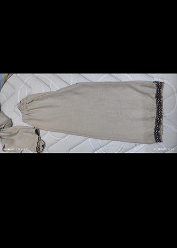 Nakışlı Bej Bohem Keten Pantolon - Görsel 3