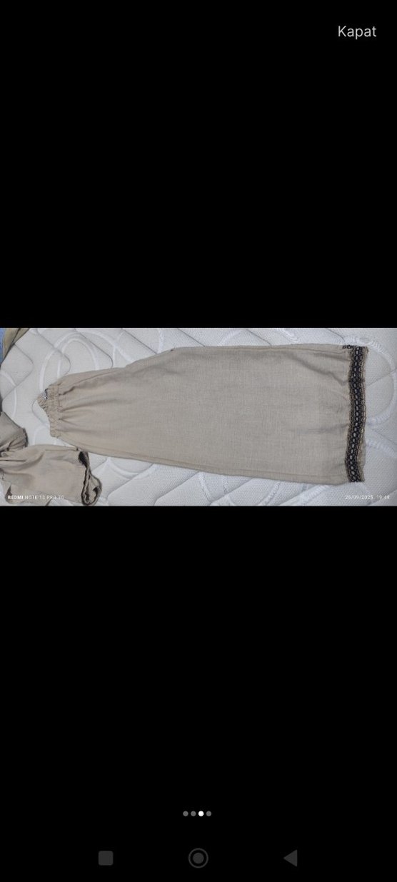 Nakışlı Bej Bohem Keten Pantolon - Görsel 3