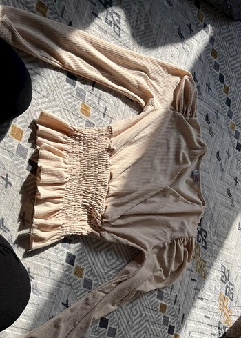 Bej Pilili Keten Uzun Kollu V Yaka Bluz - Görsel 6