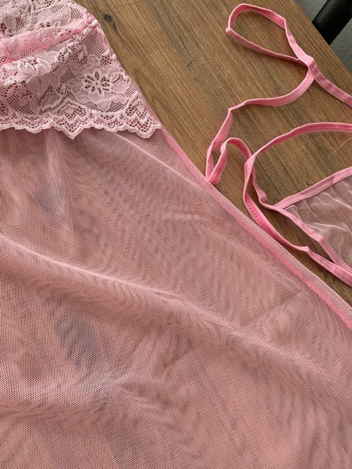 İnce Askılı Pembe Nakışlı Midi Gecelik - Görsel 5