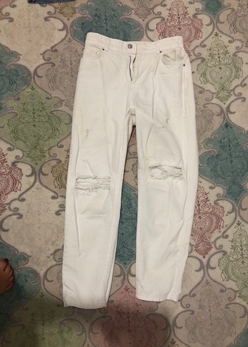 Kadın Beyaz Loose Fit Midi Kot Pantolon