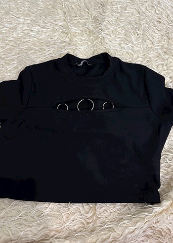 Siyah Uzun Kollu Kemer Detaylı Crop Top